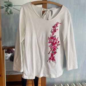 Embroidered white with pink blossoms long sleeve blouse cotton tie back Sz.L
